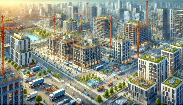 Illustration of a bustling real estate development with construction activity