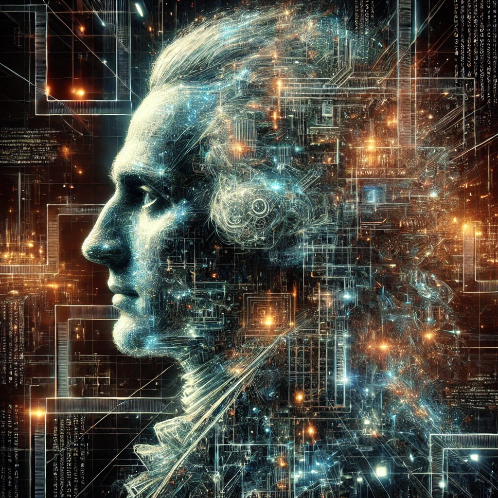 An extreme abstract and hyper-technological side view depiction of Adam Smith, the founder of capitalism. The side profile of Adam Smith is almost com