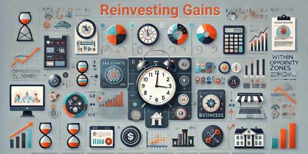 A visual guide illustrating strategies for reinvesting gains within opportunity zones.