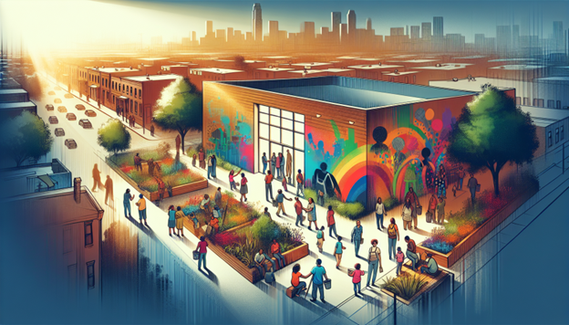 Illustration of a community center in an Opportunity Zone