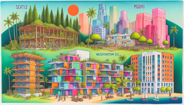 A colorful drawing of affordable housing projects in various cities