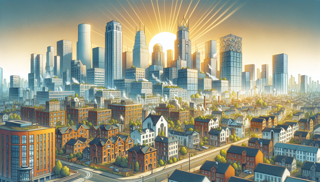 Illustration of a city skyline with various buildings and houses