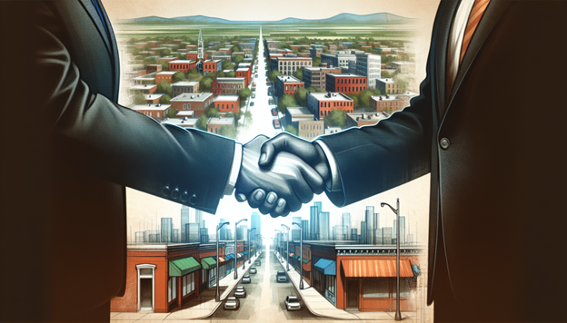 Illustration of a handshake between state and local representatives, symbolizing collaboration for supporting Opportunity Zones.