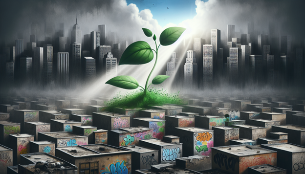 Illustration of a growing plant in a distressed urban area