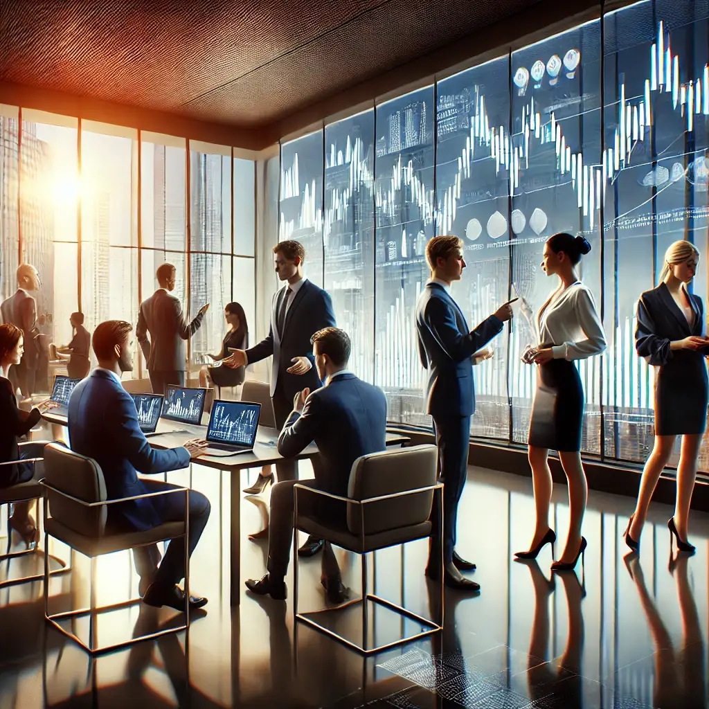 A dynamic scene depicting Broker-Dealers and Registered Representatives in a professional office setting. There are well-dressed individuals in busine