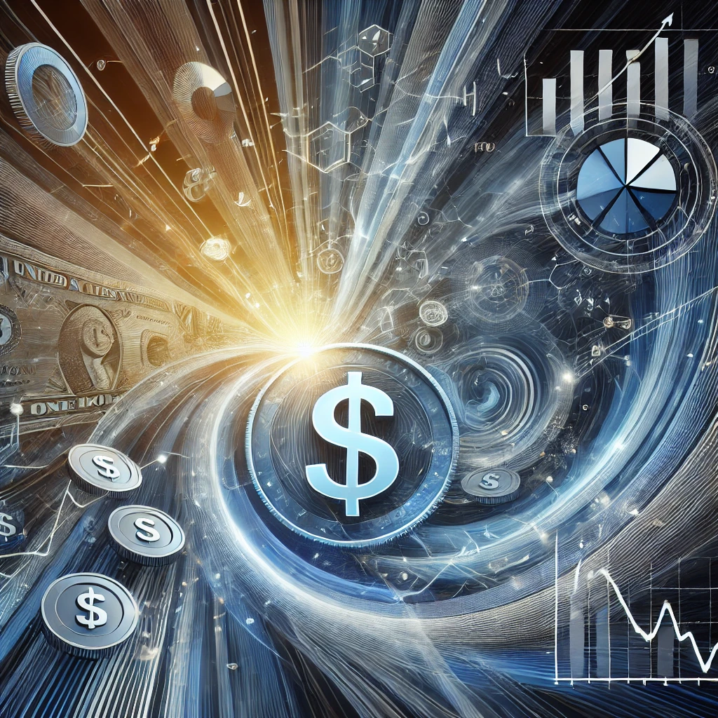 A semi-abstract visualization of wealth generation focused entirely on the US dollar, without any depiction of the 1 dollar bill. The image uses a col