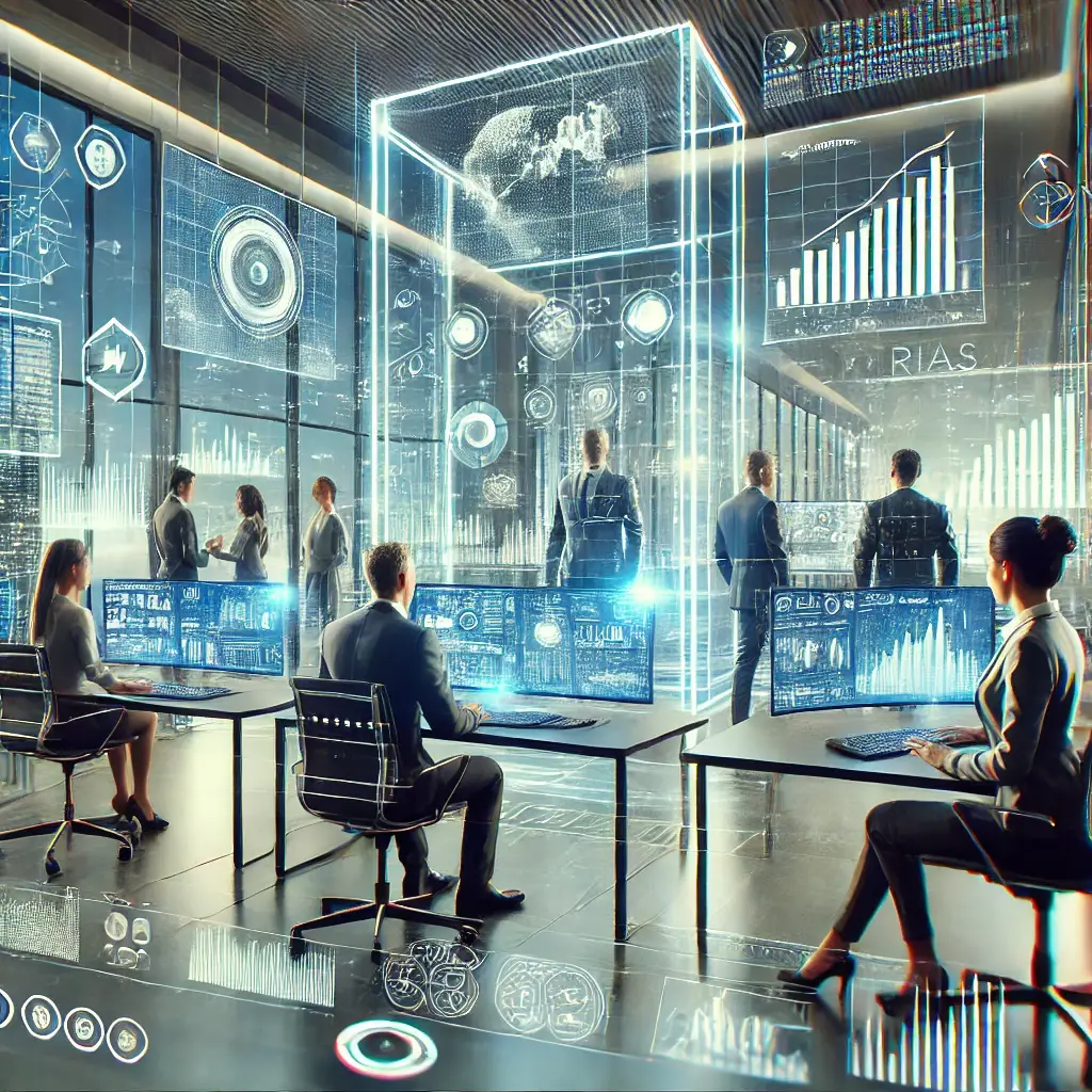 A techno-centric scene illustrating RIAs (Registered Investment Advisors) in a financial consulting setting. The image features professionals in busin