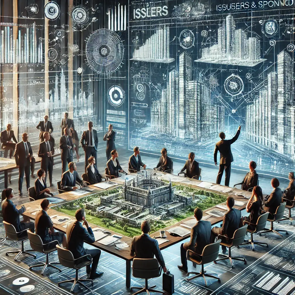 An image representing Issuers and Sponsors in the alternative investment space. The scene shows a group of businesspeople in formal attire in a modern