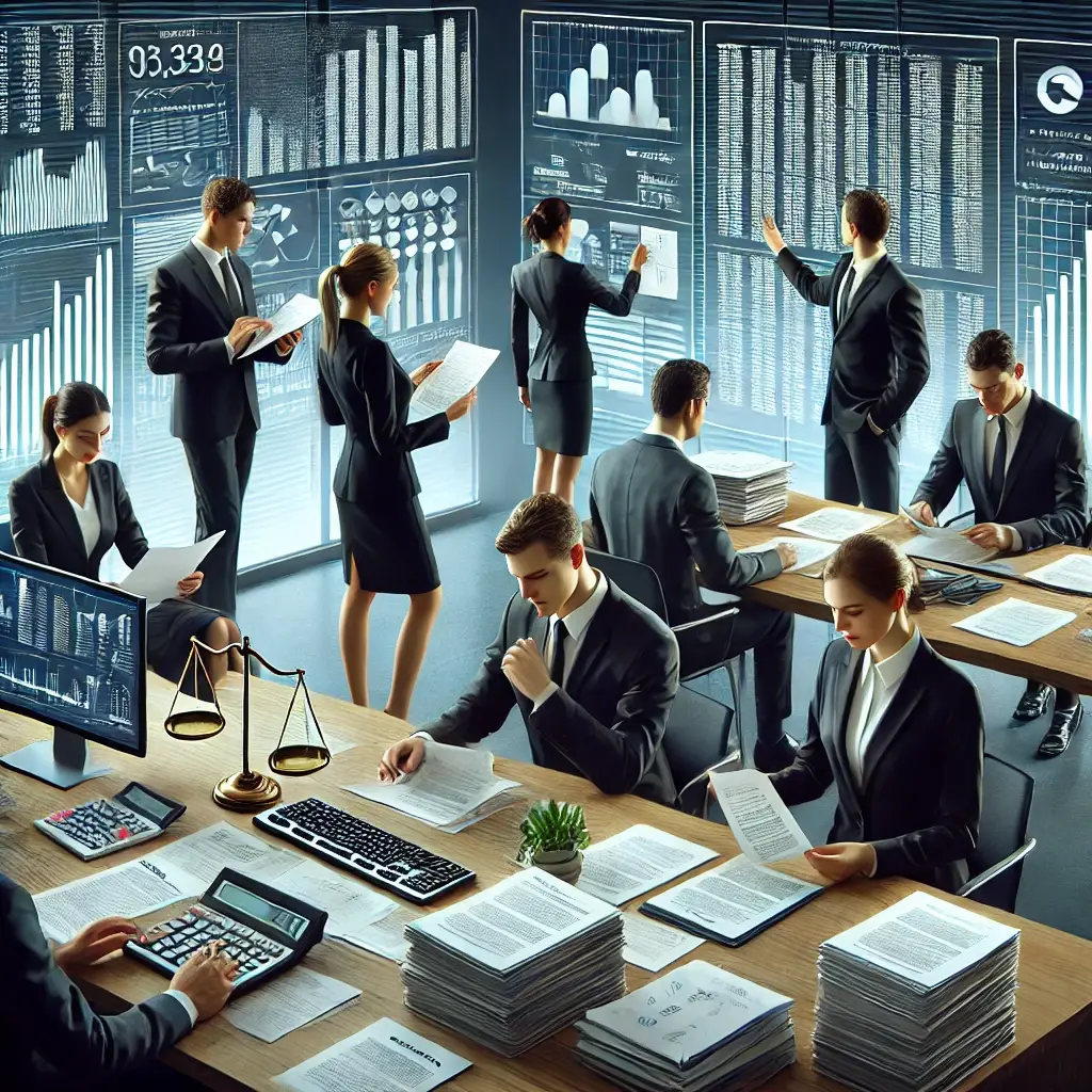 An image representing the supporting roles in alternative investments, such as lawyers and CPAs. The scene shows professionals in formal business attire